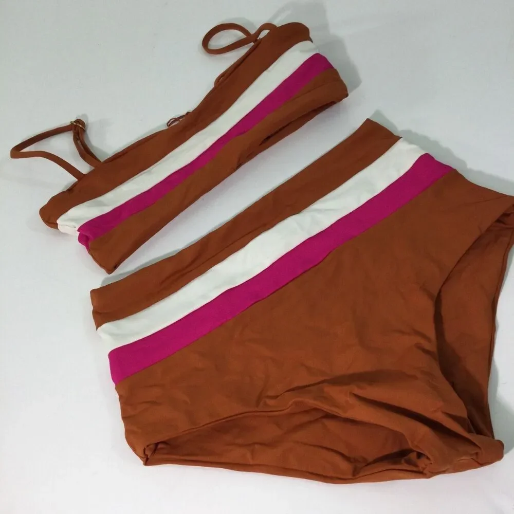 L*Space Womens Rebel Stripe Amber-Bougainvillea-Cream Swim Top Bottom Size XS/S